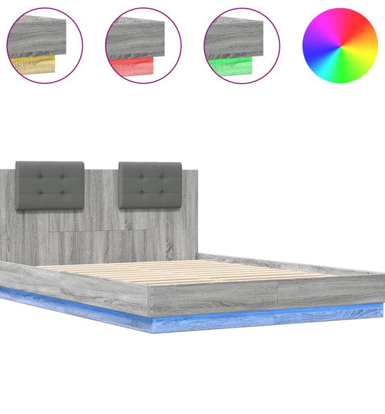 Bettgestell mit Kopfteil und LED-Leuchten Grau Sonoma 140x200cm