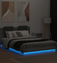 Bettgestell mit Kopfteil und LED-Leuchten Grau Sonoma 140x200cm