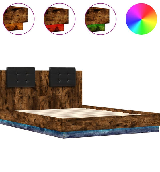 Bettgestell mit Kopfteil & LED-Leuchten Räuchereiche 120x200 cm