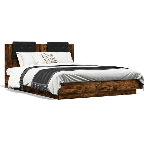 Bettgestell mit Kopfteil & LED-Leuchten Räuchereiche 120x200 cm