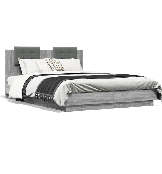 Bettgestell mit Kopfteil und LED-Leuchten Grau Sonoma 120x200cm