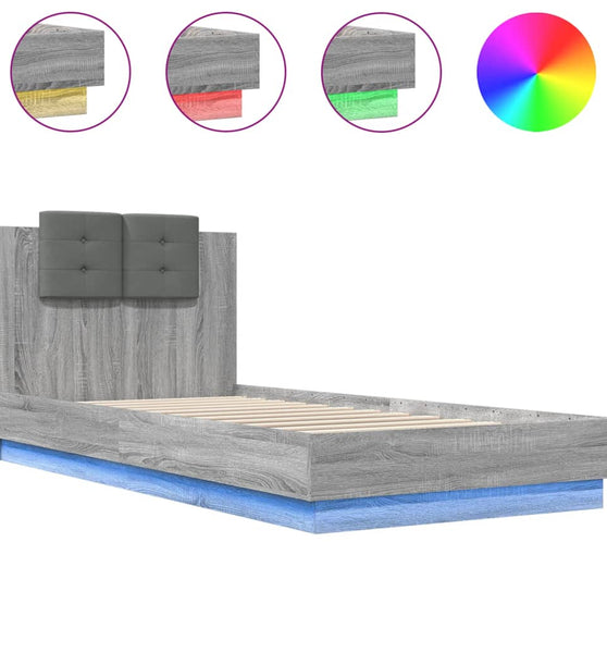 Bettgestell mit Kopfteil und LED-Leuchten Grau Sonoma 100x200cm