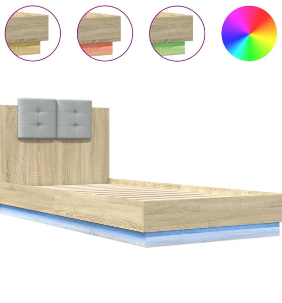 Bettgestell mit Kopfteil und LED-Leuchten Sonoma-Eiche 90x200cm