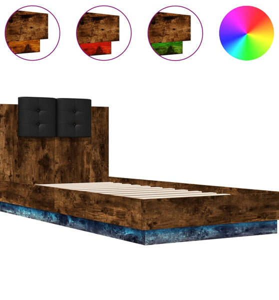 Bettgestell mit Kopfteil und LED-Leuchten Räuchereiche 90x200cm