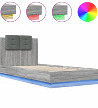 Bettgestell mit Kopfteil und LED-Leuchten Grau Sonoma 90x200 cm