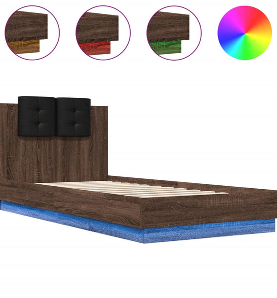 Bettgestell mit Kopfteil und LED-Leuchten Braun Eiche 90x200 cm