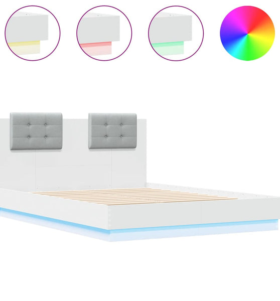 Bettgestell mit Kopfteil und LED-Leuchten Weiß 135x190 cm