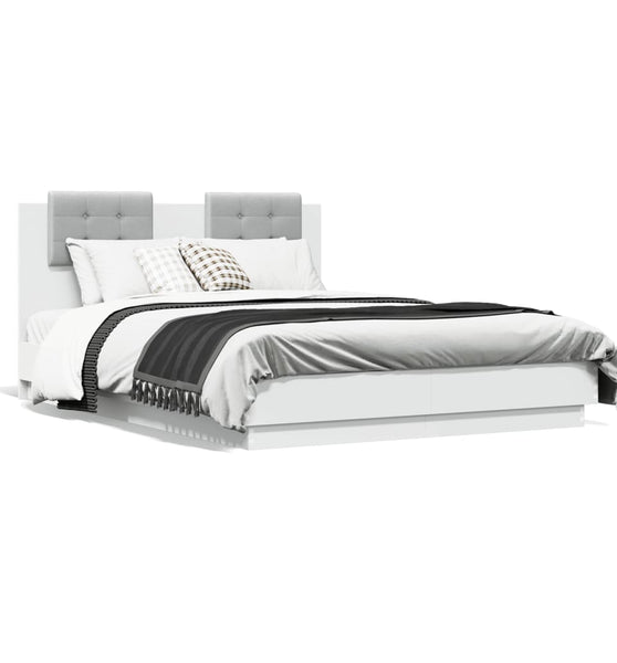 Bettgestell mit Kopfteil und LED-Leuchten Weiß 135x190 cm