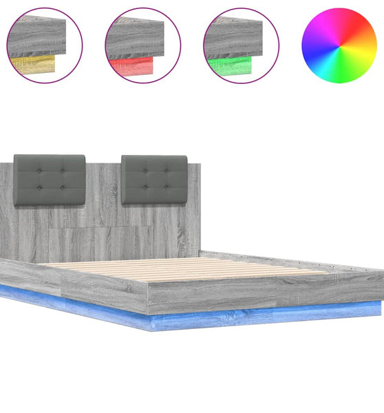 Bettgestell mit Kopfteil und LED Grau Sonoma-Eiche 135x190 cm
