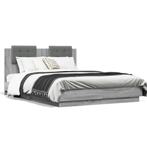 Bettgestell mit Kopfteil und LED Grau Sonoma-Eiche 135x190 cm
