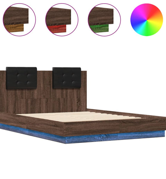 Bettgestell mit Kopfteil und LED Braun Eiche-Optik 135x190 cm