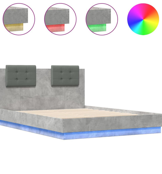 Bettgestell mit Kopfteil und LED Betongrau 120x190 cm