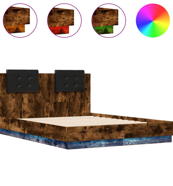 Bettgestell mit Kopfteil und LED Räuchereiche 120x190 cm