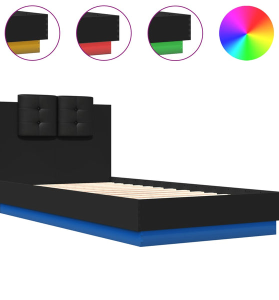 Bettgestell mit Kopfteil und LED-Leuchten Schwarz 90x190 cm