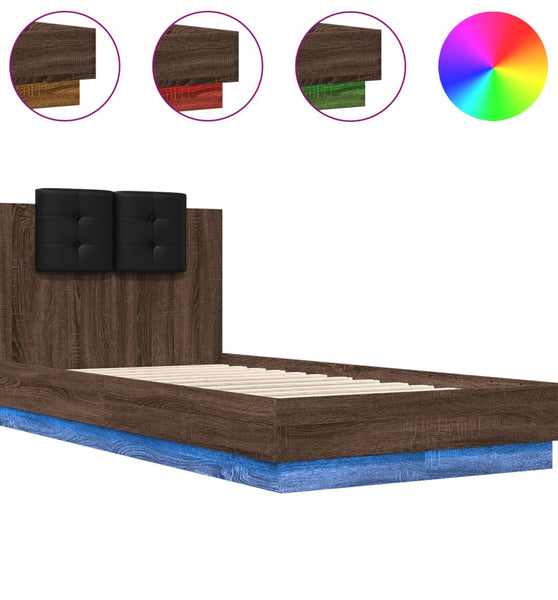 Bettgestell mit Kopfteil und LED-Leuchten Braun Eiche 90x190 cm