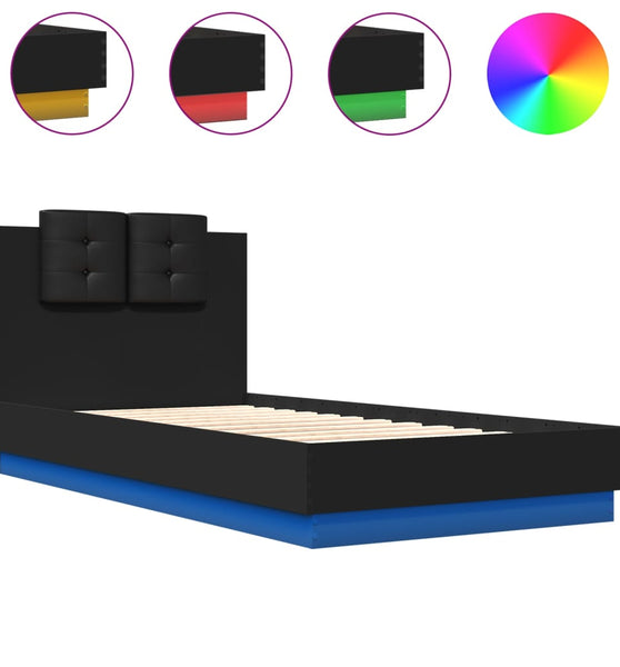 Bettgestell mit Kopfteil und LED-Leuchten Schwarz 75x190 cm