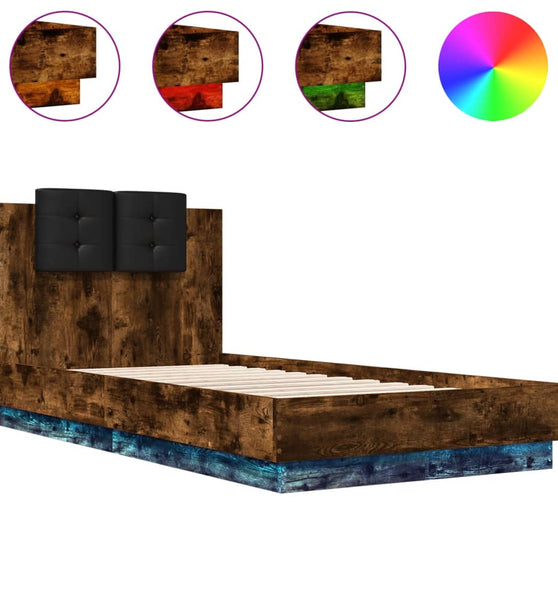 Bettgestell mit Kopfteil und LED-Leuchten Räuchereiche 75x190cm