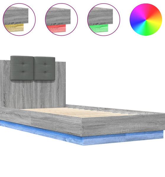 Bettgestell mit Kopfteil und LED-Leuchten Grau Sonoma 75x190 cm