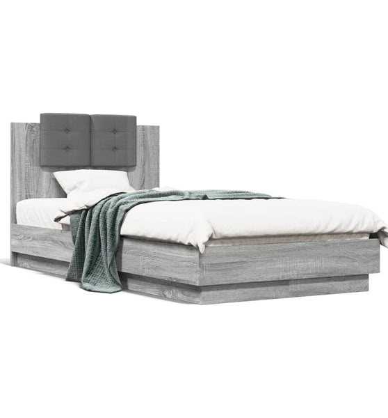 Bettgestell mit Kopfteil und LED-Leuchten Grau Sonoma 75x190 cm