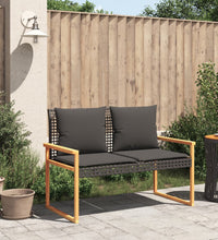 Gartenbank mit Kissen Schwarz Poly Rattan Akazienholz