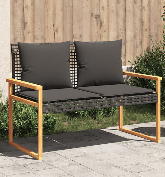 Gartenbank mit Kissen Schwarz Poly Rattan Akazienholz