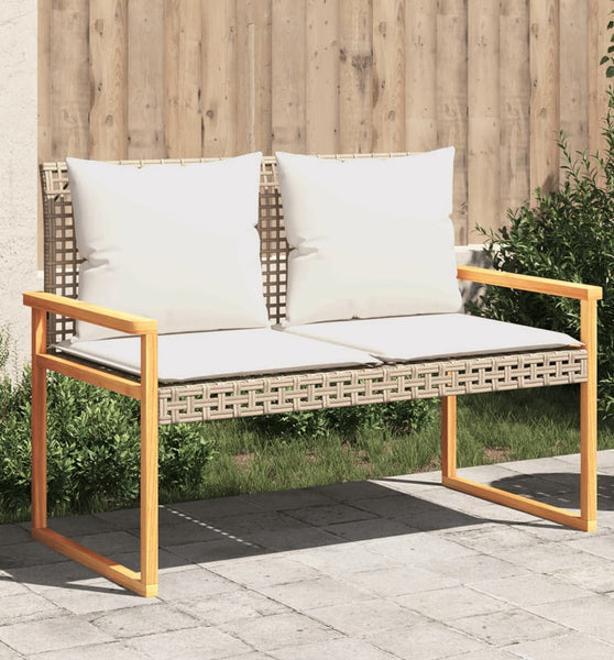 Gartenbank mit Kissen Beige Poly Rattan Akazienholz