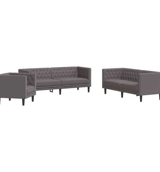 3-tlg. Chesterfield-Sofa-Set Grau Kunstleder