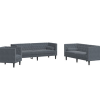 3-tlg. Chesterfield-Sofa-Set mit Nackenrollen Dunkelgrau Samt