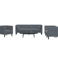 3-tlg. Chesterfield-Sofa-Set mit Nackenrollen Dunkelgrau Samt