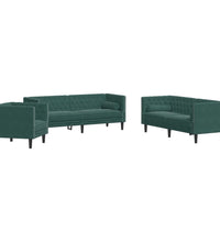 3-tlg. Chesterfield-Sofa-Set mit Nackenrollen Dunkelgrün Samt