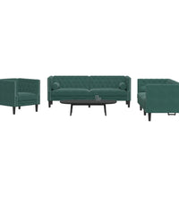 3-tlg. Chesterfield-Sofa-Set mit Nackenrollen Dunkelgrün Samt
