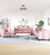 3-tlg. Chesterfield-Sofa-Set mit Nackenrollen Rosa Samt