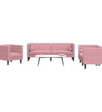 3-tlg. Chesterfield-Sofa-Set mit Nackenrollen Rosa Samt