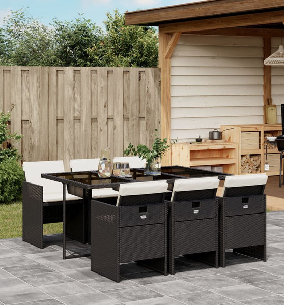 7-tlg. Garten-Essgruppe mit Kissen Schwarz Poly Rattan