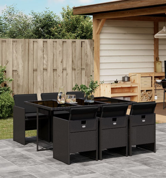 7-tlg. Garten-Essgruppe mit Kissen Schwarz Poly Rattan