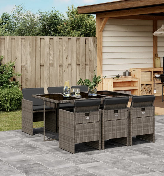 7-tlg. Garten-Essgruppe mit Kissen Grau Poly Rattan