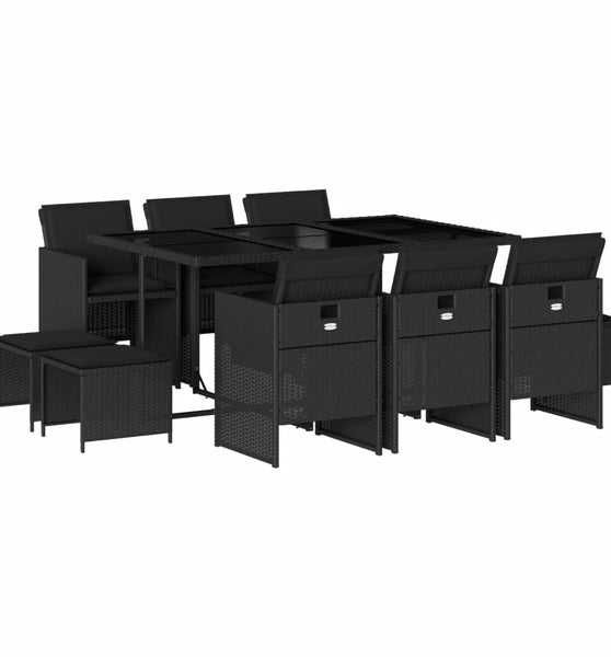 11-tlg. Garten-Essgruppe mit Kissen Schwarz Poly Rattan