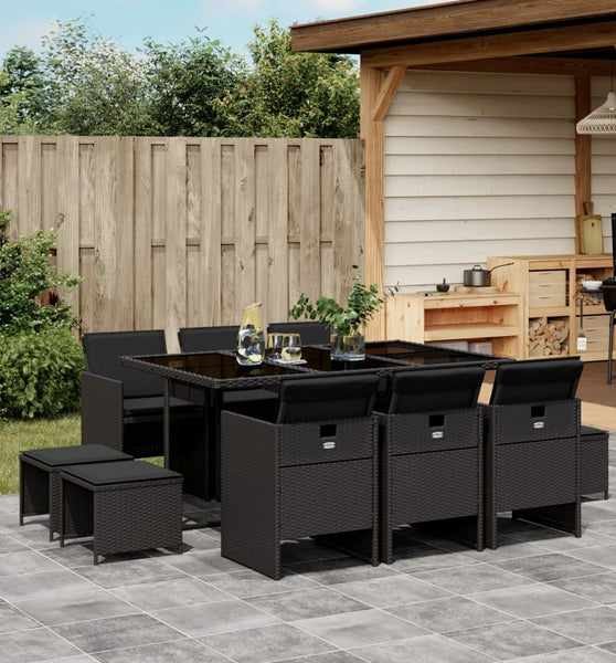 11-tlg. Garten-Essgruppe mit Kissen Schwarz Poly Rattan