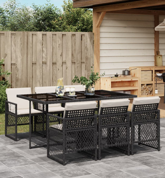 7-tlg. Garten-Essgruppe mit Kissen Schwarz Poly Rattan