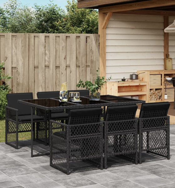 7-tlg. Garten-Essgruppe mit Kissen Schwarz Poly Rattan