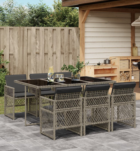 7-tlg. Garten-Essgruppe mit Kissen Grau Poly Rattan