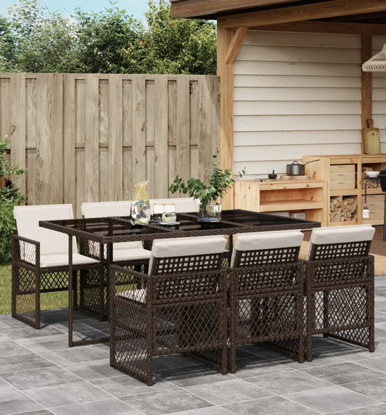 7-tlg. Garten-Essgruppe mit Kissen Braun Poly Rattan