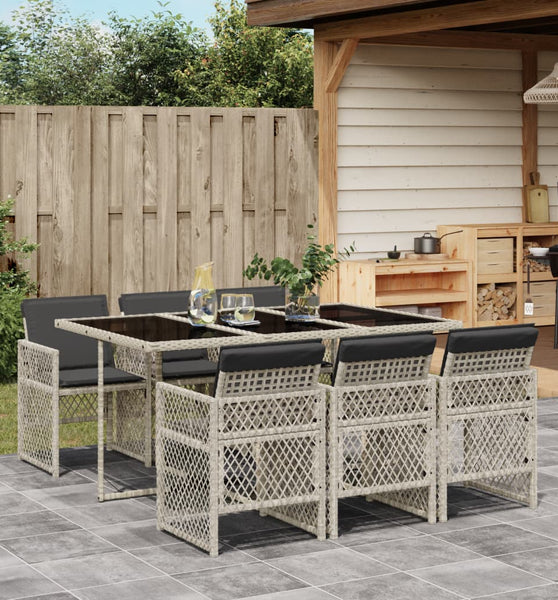 7-tlg. Garten-Essgruppe mit Kissen Hellgrau Poly Rattan