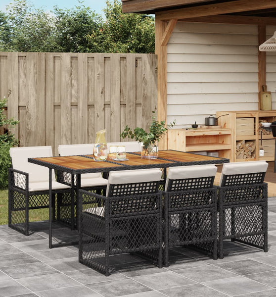 7-tlg. Garten-Essgruppe mit Kissen Schwarz Poly Rattan