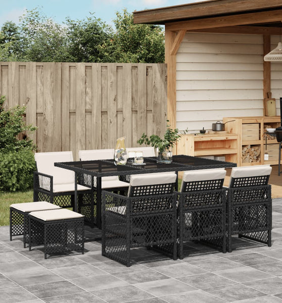 11-tlg. Garten-Essgruppe mit Kissen Schwarz Poly Rattan