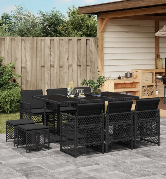 11-tlg. Garten-Essgruppe mit Kissen Schwarz Poly Rattan