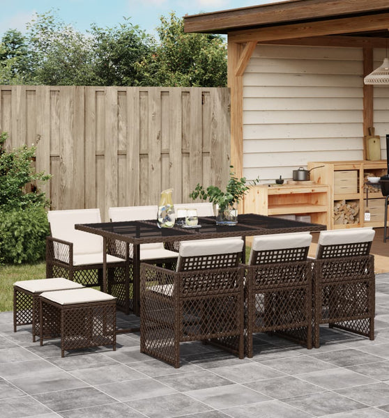 11-tlg. Garten-Essgruppe mit Kissen Braun Poly Rattan