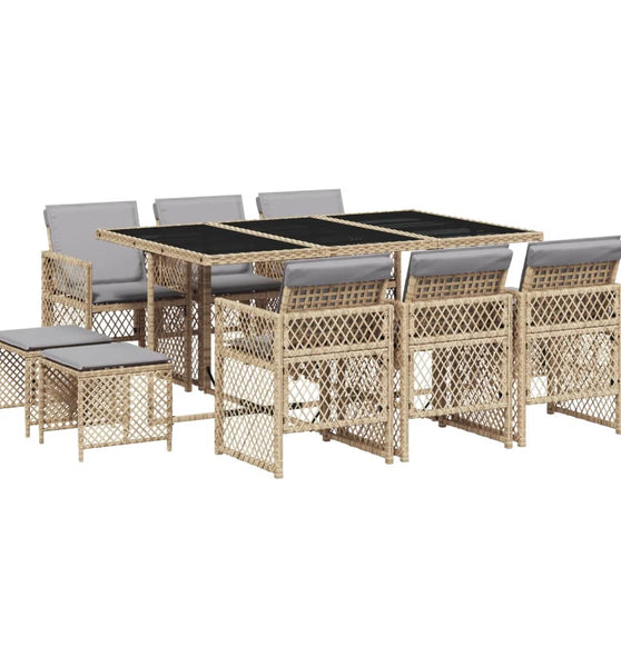 11-tlg. Garten-Essgruppe mit Kissen Beige Poly Rattan