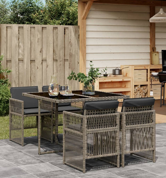 5-tlg. Garten-Essgruppe mit Kissen Grau Poly Rattan