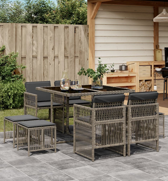 9-tlg. Garten-Essgruppe mit Kissen Grau Poly Rattan
